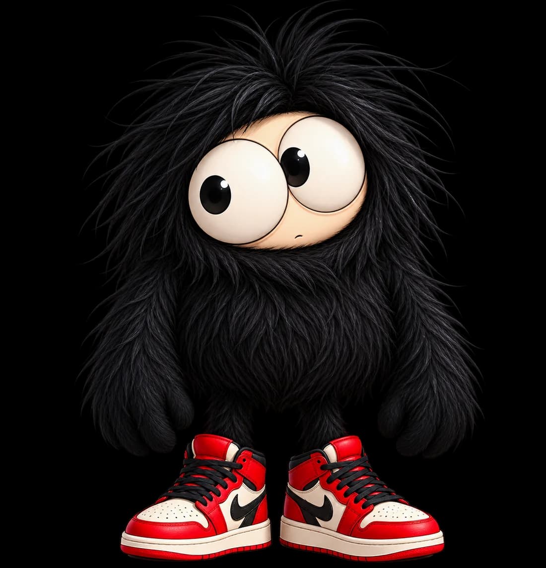 MOOKI, a wide-eyed black furry creature in red and white sneakers